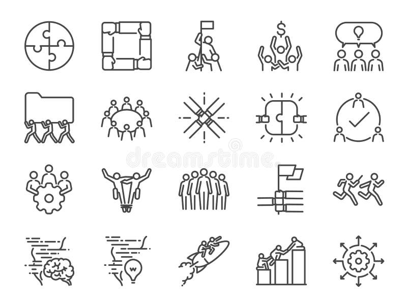 Teamwork icon set. Included the icons as company, collaboration, participation, success, together, business, unity, people and mor