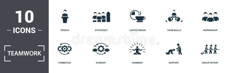 Teamwork icons set collection. Includes simple elements such as Occupation, Speech, Efficiency, Coffee Break, Team Skills vector illustration