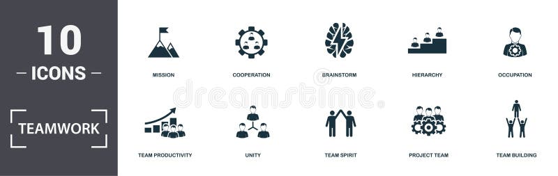 Teamwork icons set collection. Includes simple elements such as Workgroup, Team Productivity, Unity, Team Spirit, Project Team stock illustration