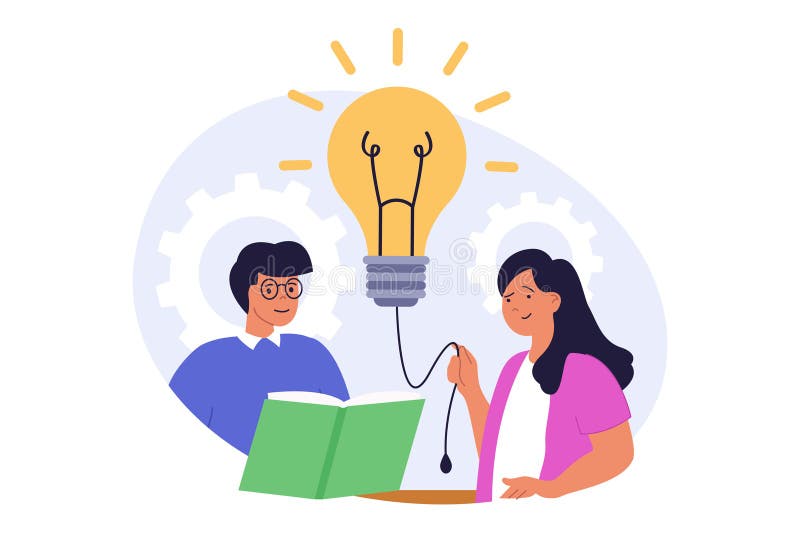 Teamwork-Konzept in modernem Flachdesign für Web. Mann und Frau bringen Brainstorming und finden Ideen, die Projekt und lizenzfreie abbildung