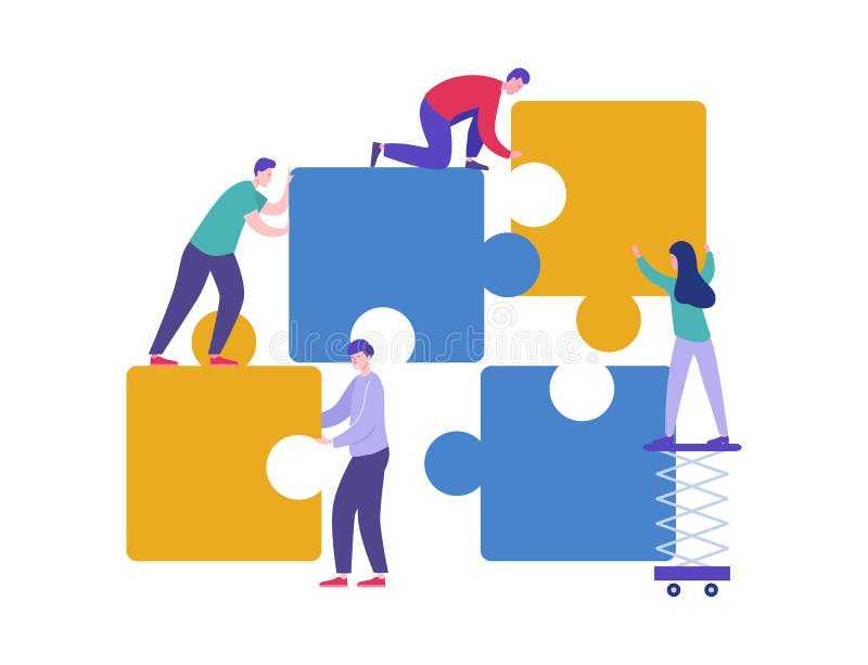 Teamwork-Konzept. winzige Zeichen, die Puzzleteile verbinden. Zusammenarbeit und Partnerschaft bei kreativen Lösungen