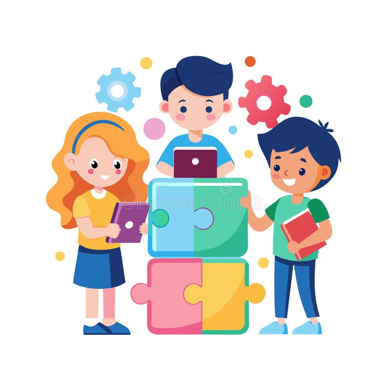 Teamwork and Problem Solving: Children Connecting Jigsaw Puzzle Pieces Together with Technology vector illustration