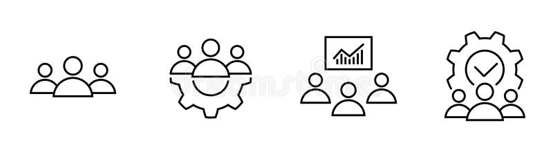 Teamwork process, successful project line icon set stock illustration