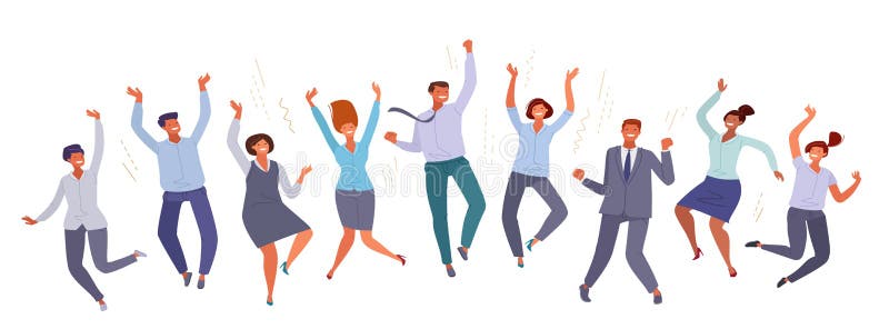 Teamwork success. Happy jumping business people in office clothes in cartoon flat style. Company concept vector