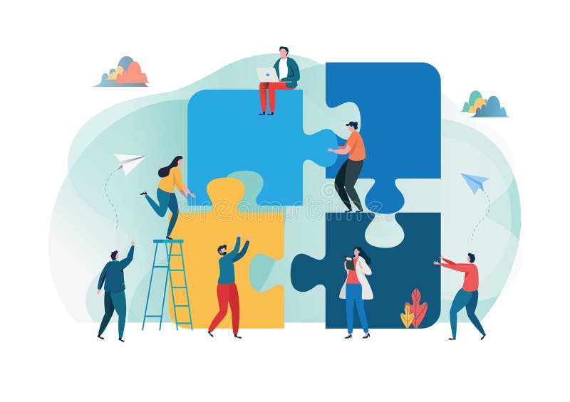 Teamwork successful together concept. Marketing content. Business People Holding the big jigsaw puzzle piece. Flat cartoon