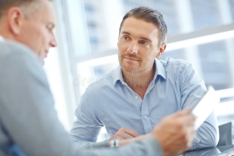Teamwork, thinking or corporate businessman with tablet in meeting planning invest networking idea or economy news stock images