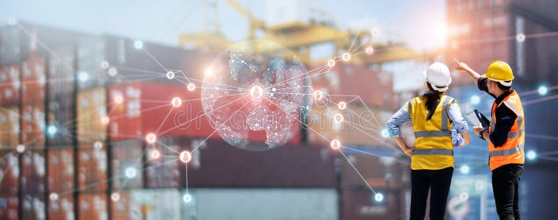 Teamwork of workers using tablet on logistic network distribution and smart transportation on networking of container cargo royalty free stock image