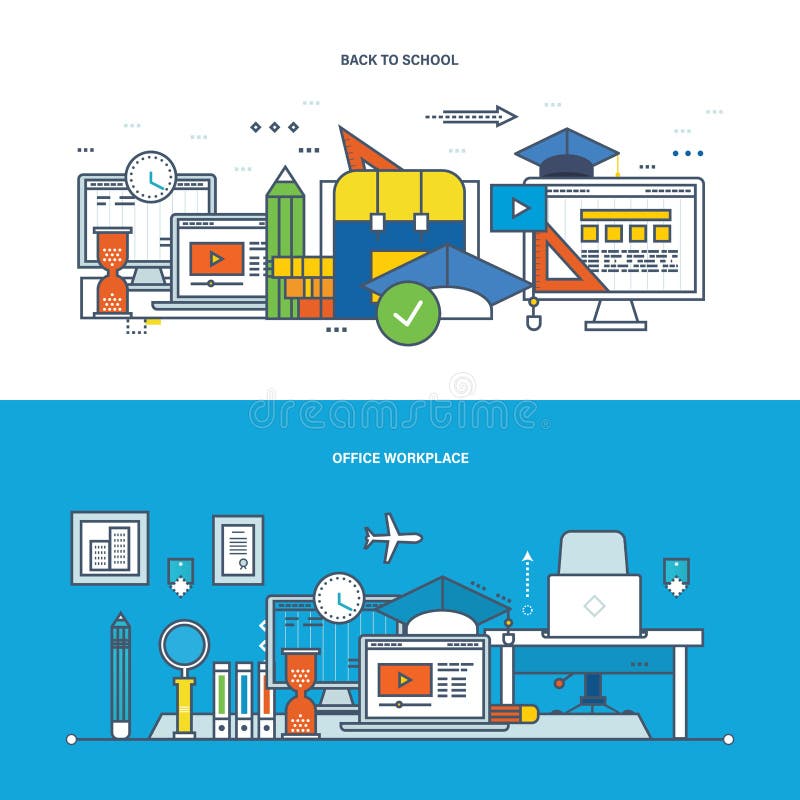 Teamwork, workplace, modern education, learning, collaboration, research and technology. vector illustration Teamwork, workplace, modern education, learning, collaboration, research and technology. vector illustration