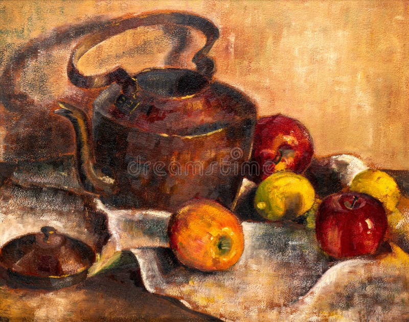 Hand painted Oil painting still life water pot and coffee cup red tablecloth 