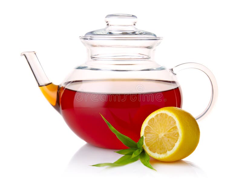 Teapot with Black Tea, Green Leaves and Lemon Stock Image Image of