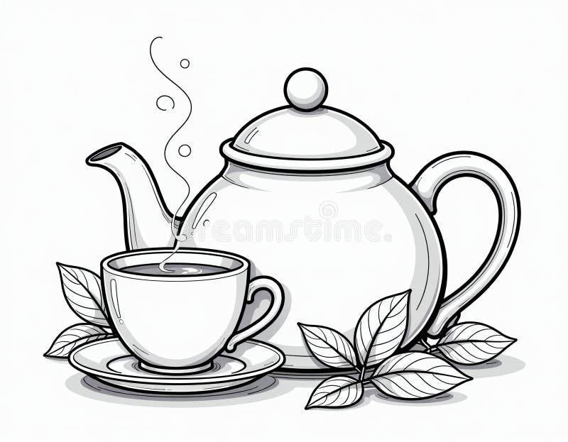 Teapot and Cup of Tea Line Art Illustration royalty free illustration