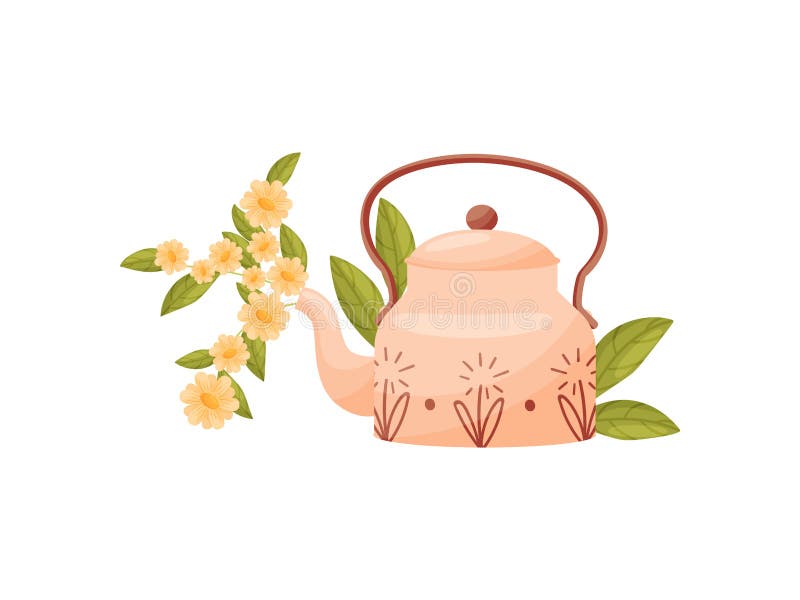 Teapot with Flowers on White Background. Vector Illustration. Stock