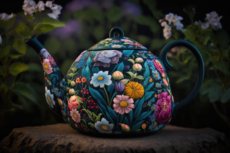 teapot with flowery tea cozy surrounded by blooming garden