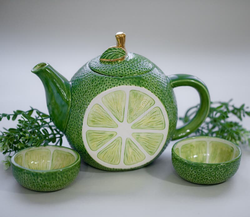 Teapot Lime Green. Handmade Ceramic Tea Set Stock Photo Image of