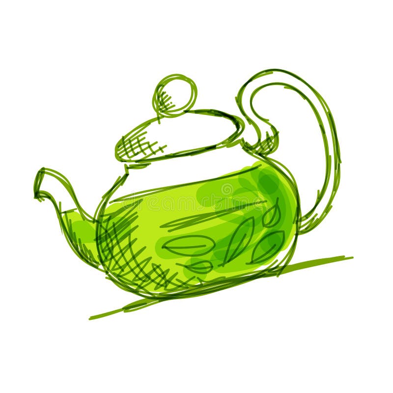 Teapot sketch with green tea vector illustration Teapot sketch with green tea vector illustration