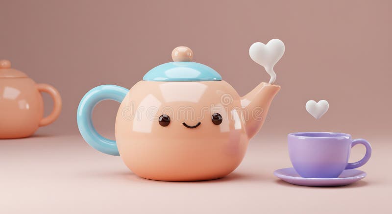 Teapot sorridente con vapore cardiaco : Rendering 3D Carino royalty illustrazione gratis