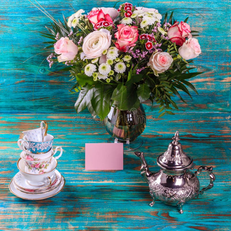 Teapot and Stack of Vintage Tea Cups Stock Photo Image of prepare
