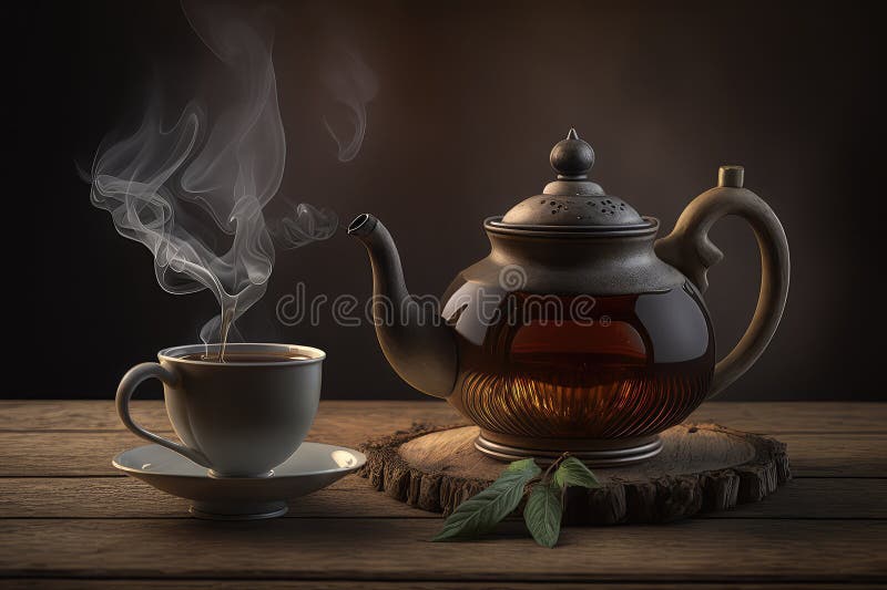 Cup of Tea with Steam and Teapot Stock Image - Image of steaming, table:  113620769