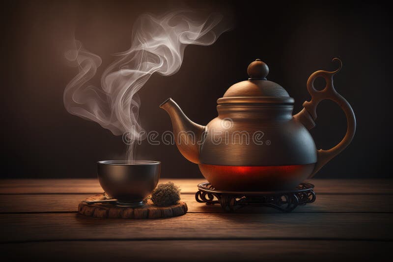 Cup of Tea with Steam and Teapot Stock Image - Image of steaming, table:  113620769