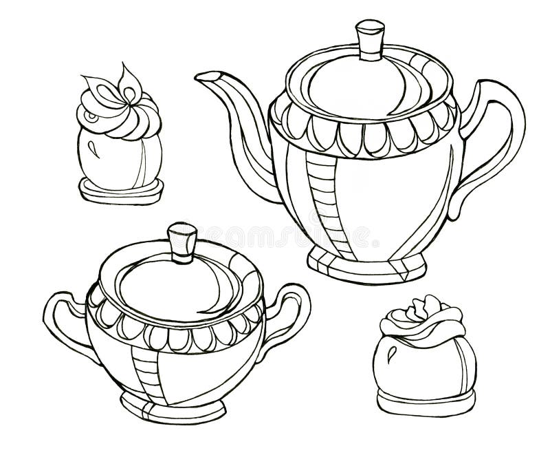 Teapot, sugar bowl and cakes on a white background. Coloring illustration