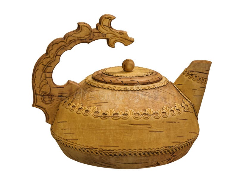 Teapot φλοιών σημύδων στο άσπρο υπόβαθρο που απομονώνεται, ρωσική λαϊκή τέχνη, περιοχή Shadrinsk Kurgan πόλεων στοκ εικόνα