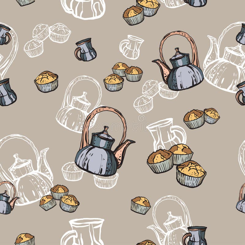 Teapots, φλυτζάνια και cupcakes άνευ ραφής χέρι σχεδίων που σύρονται στο παλαιό ύφος Χρονική διανυσματική απεικόνιση τσαγιού Σχέδ ελεύθερη απεικόνιση δικαιώματος Teapots, φλυτζάνια και cupcakes άνευ ραφής χέρι σχεδίων που σύρονται στο παλαιό ύφος Χρονική διανυσματική απεικόνιση τσαγιού Σχέδ ελεύθερη απεικόνιση δικαιώματος