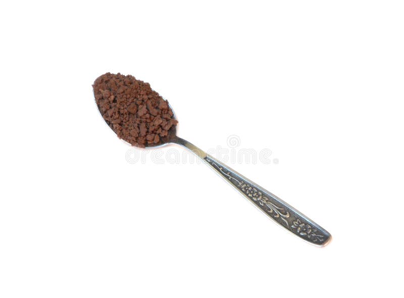 Teaspoon of instant coffee on white background