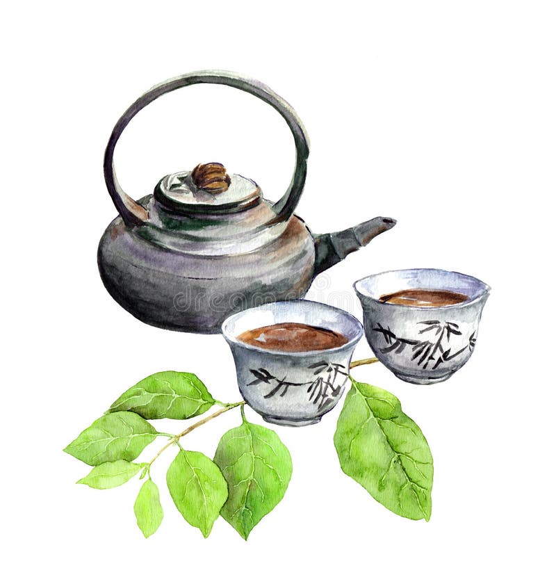 Teatime: asian tea pot, teacup and green leaves. Watercolor