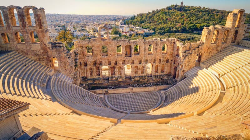 Theatre of Dionysus below the Acropolis in Athens, Greece is considered to be the worlds first theater aka Odeon of Herodes Atticus. Theatre of Dionysus below the Acropolis in Athens, Greece is considered to be the worlds first theater aka Odeon of Herodes Atticus