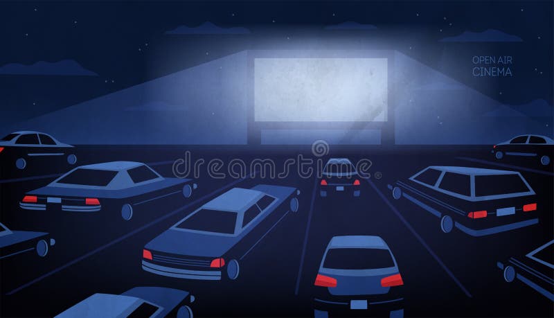Teatro del aire abierto, al aire libre o del autocinema del cine en la noche Pantalla de cine grande que brilla intensamente en l stock de ilustración Teatro del aire abierto, al aire libre o del autocinema del cine en la noche Pantalla de cine grande que brilla intensamente en l stock de ilustración