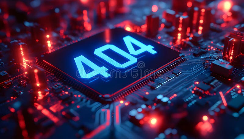 Tech background shows 404 error on circuit board. Blue number indicates page not found. Red lights shine around error stock photo