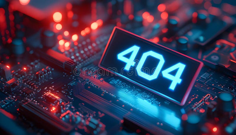 Tech background shows 404 error on circuit board. Blue number indicates page not found. Red lights shine around error royalty free stock image