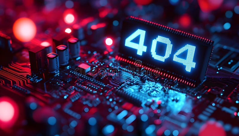 Tech background shows 404 error on circuit board. Blue number indicates page not found. Red lights shine around error stock photography