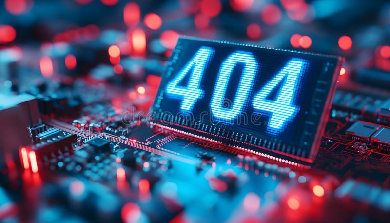 Tech background shows 404 error on circuit board. Blue number indicates page not found. Red lights shine around error stock photo