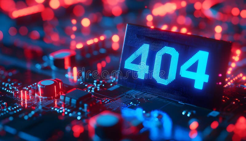 Tech background shows 404 error on circuit board. Blue number indicates page not found. Red lights shine around error royalty free stock photos