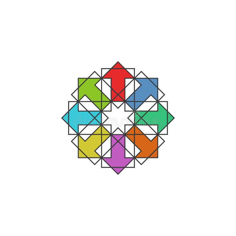 Tech colorful arrows arabic logo, mockup design element for traditional muslim symmetry pattern emblem, success icon royalty free illustration