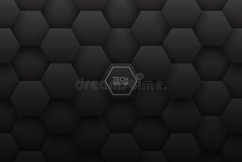 Tech 3D Vector Hexagonal Structure Pattern Black Abstract Background. Science Technology Three Dimensional Hex Blocks Conceptual Dark Gray Wallpaper. Clear Blank Subtle Textured Backdrop