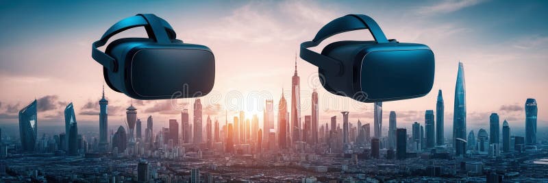Tech developer overlaid with futuristic city skyline and VR headset visuals vector illustration