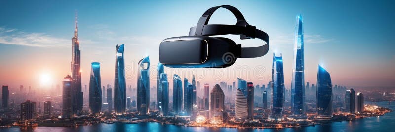 Tech developer overlaid with futuristic city skyline and VR headset visuals vector illustration