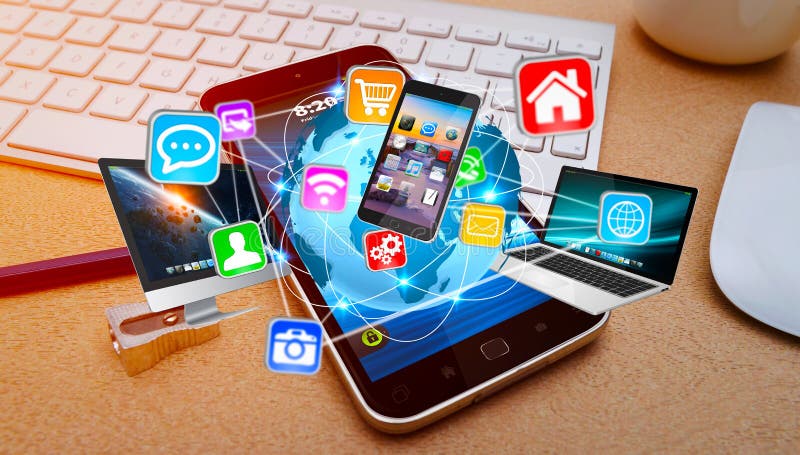 Colorful tech devices interacting with each other in modern office. Tech store illustrations