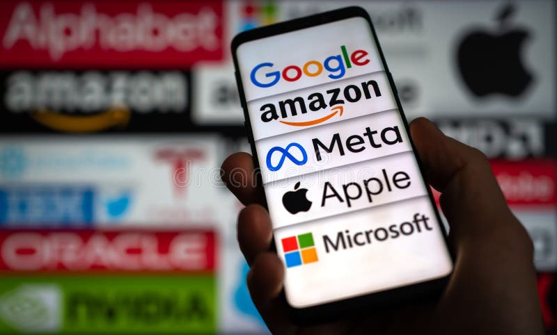 Tech Giants - Google Amazon Meta Apple Microsoft displayed on smartphone