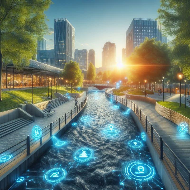 Tech Park Tributary Flowing through a Tech Park with Smart Senso Stock