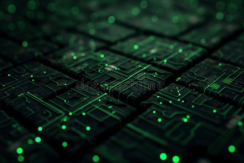 Model tehnic. concept ecologic abstract. placă de circuite futuriste cu lumini verzi strălucitoare. context electronic futurist al tehnologiei circuitelor electronice.