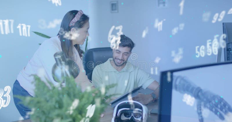 Tech project manager leaning over desk showing tablet while analyst reviewing data overlay stock illustration