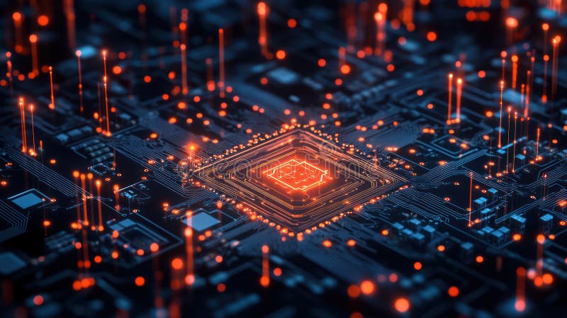 Tech Textures on Digital Circuit Board: Innovating Progress with Intricate Patterns, Wires and Chips, and Futuristic Bac stock illustration