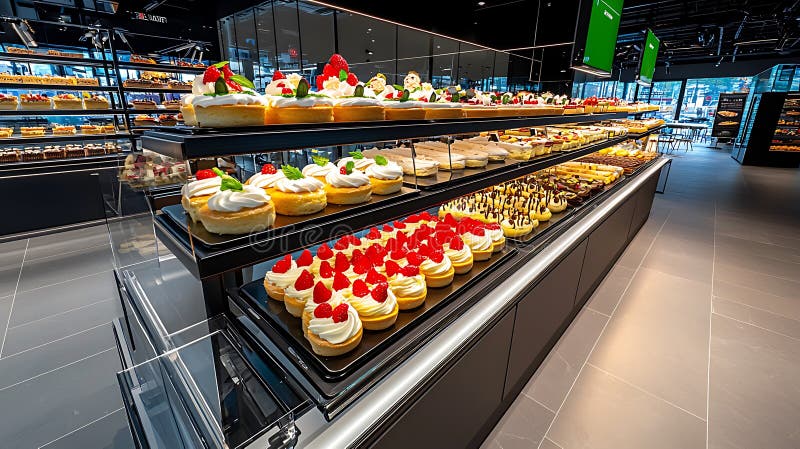 Tech-Themed Bakery Display with Colorful Pastries vector illustration