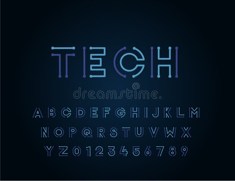 Tech vector font typeface unique design. For technology, circuits, engineering, digital , gaming, sci-fi and science subjects. stock illustration