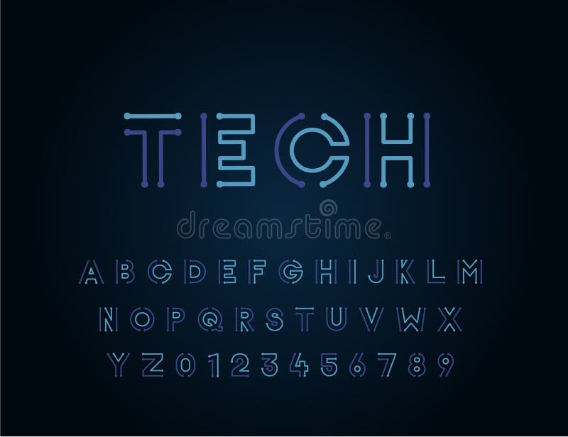 Tech vector font typeface unique design. For technology, circuits, engineering, digital , gaming, sci-fi and science subjects.