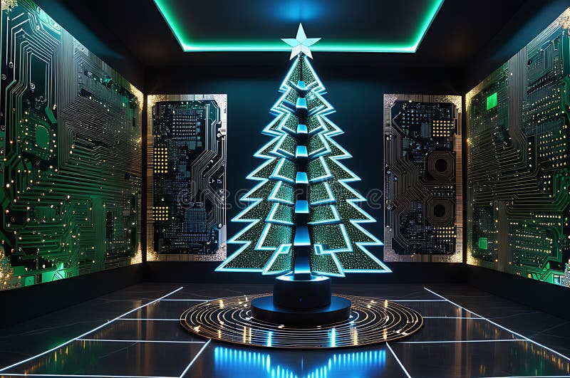 Tech Wonland : albero di natale composto da circuiti stampati e luci led che brillano in uno schema sincronizzato illustrazione vettoriale