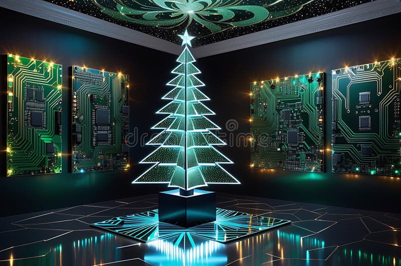 Tech Wonland : albero di natale composto da circuiti stampati e luci led che brillano in uno schema sincronizzato illustrazione vettoriale
